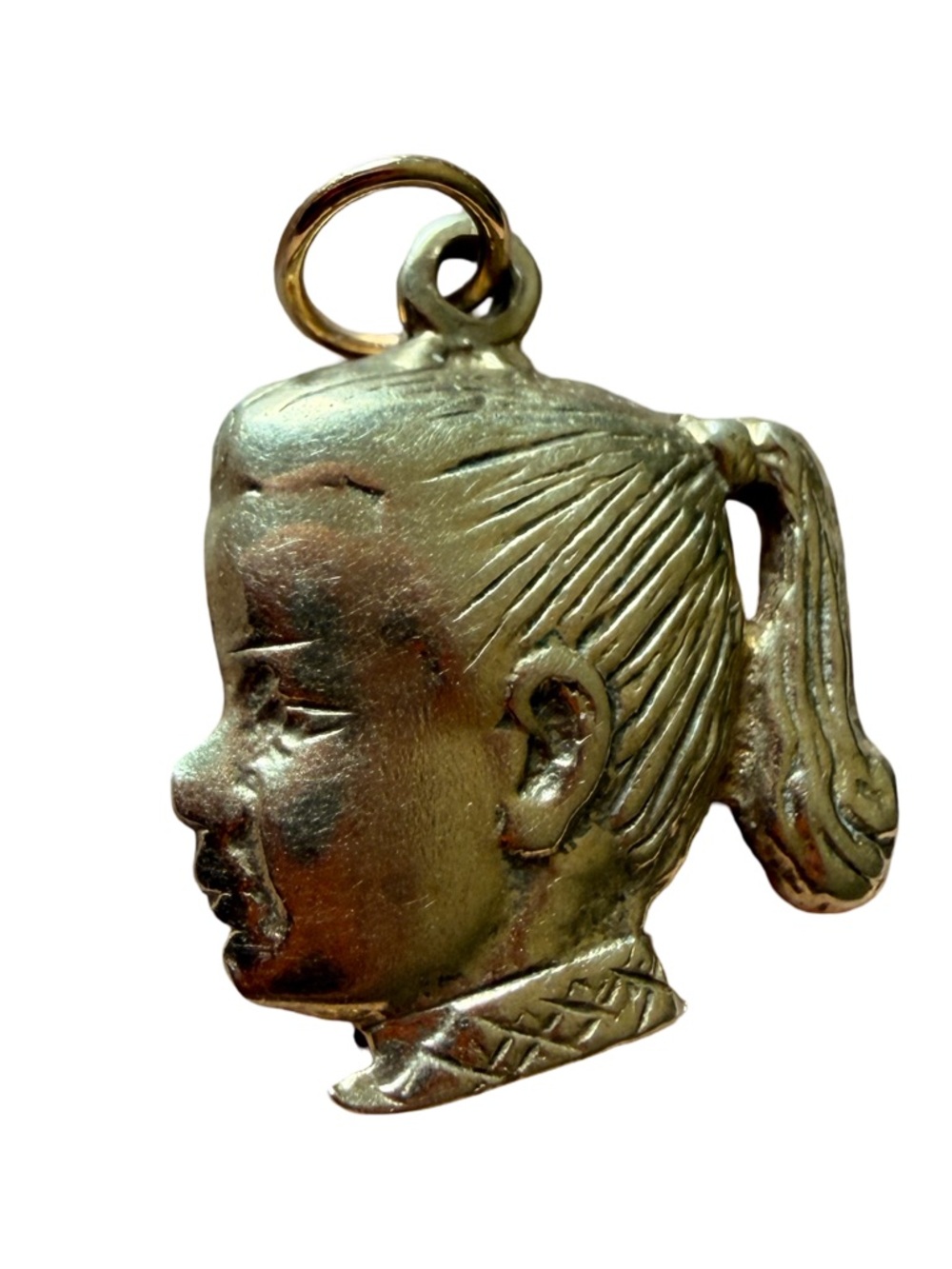 Vintage solid 10kt puffy face girl with nugget/bark finish backing Pendant Charm